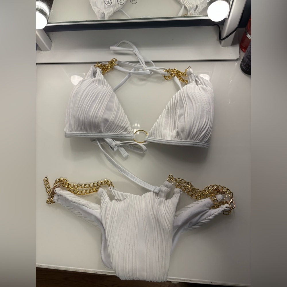 White Bikini with Gold Chain Accents
